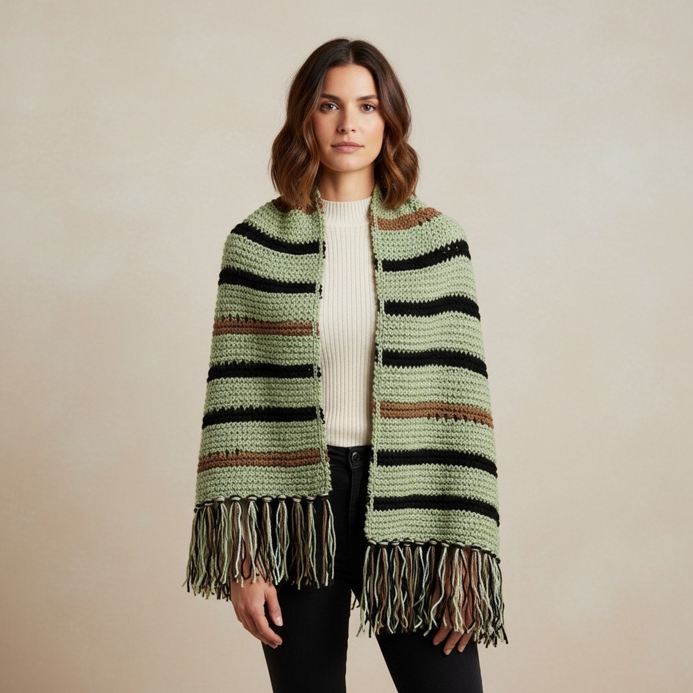 NEW Green Multi Hand Knitted Shawl Scarf Wrap Boho Hippie Indie Artsy Cottage